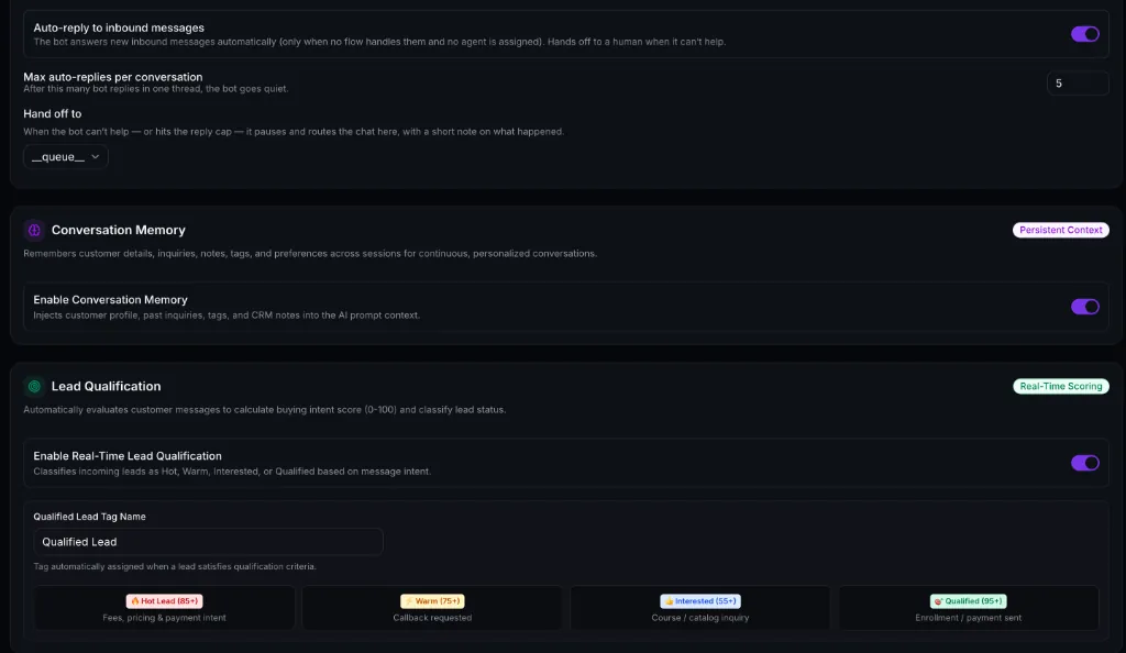 AI Botflow Persistent Conversation Memory & Lead Qualification Scoring Settings